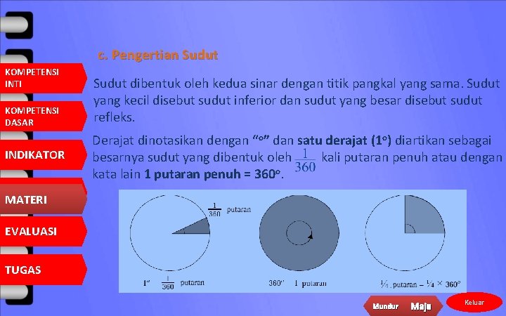 c. Pengertian Sudut KOMPETENSI INTI KOMPETENSI DASAR INDIKATOR Sudut dibentuk oleh kedua sinar dengan