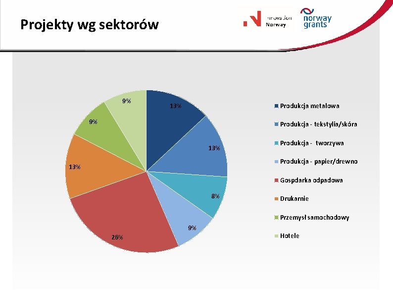 Projekty wg sektorów 9% 13% Produkcja metalowa 9% Produkcja - tekstylia/skóra 13% Produkcja -