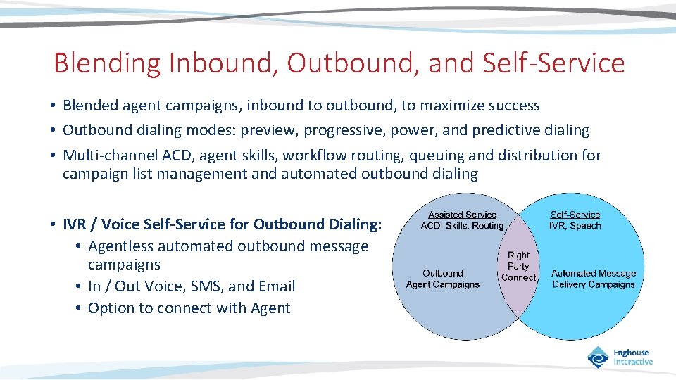 Blending Inbound, Outbound, and Self-Service • Blended agent campaigns, inbound to outbound, to maximize