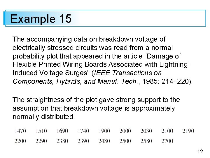 Example 15 The accompanying data on breakdown voltage of electrically stressed circuits was read