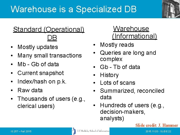 Warehouse is a Specialized DB Standard (Operational) DB • • Mostly updates Many small
