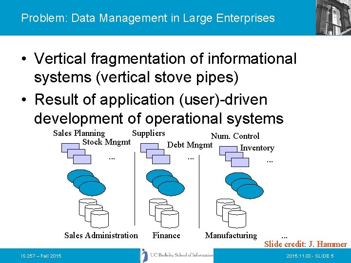 Problem: Data Management in Large Enterprises • Vertical fragmentation of informational systems (vertical stove