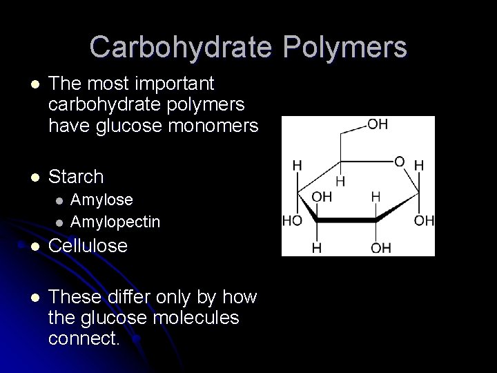 Carbohydrate Polymers l The most important carbohydrate polymers have glucose monomers l Starch l