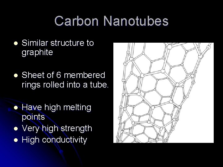Carbon Nanotubes l Similar structure to graphite l Sheet of 6 membered rings rolled