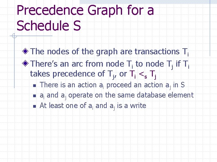 Precedence Graph for a Schedule S The nodes of the graph are transactions Ti
