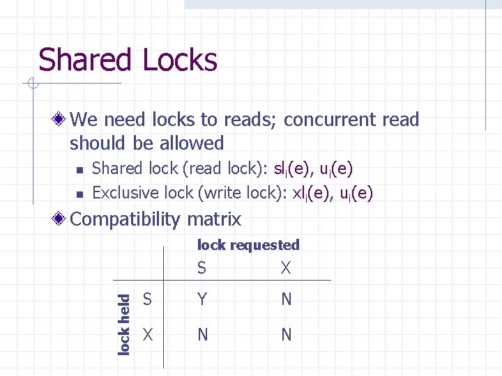 Shared Locks We need locks to reads; concurrent read should be allowed n n