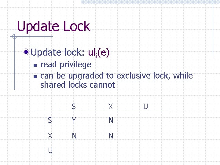 Update Lock Update lock: uli(e) n n read privilege can be upgraded to exclusive