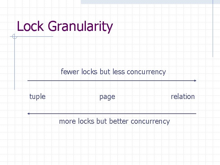 Lock Granularity fewer locks but less concurrency tuple page more locks but better concurrency