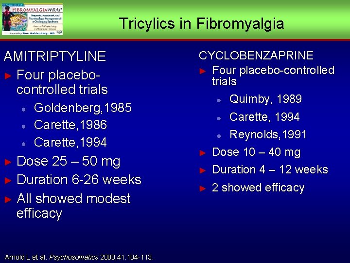 Tricylics in Fibromyalgia AMITRIPTYLINE ► Four placebocontrolled trials ● ● ● Goldenberg, 1985 Carette,