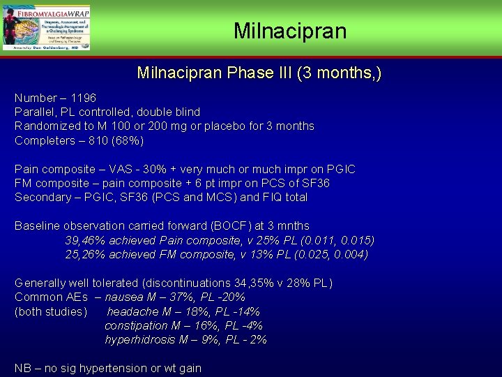 Milnacipran Phase III (3 months, ) Number – 1196 Parallel, PL controlled, double blind