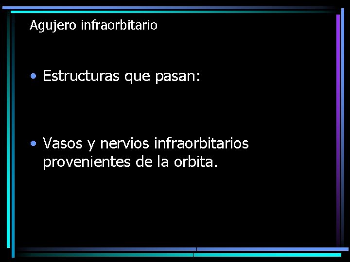 Agujero infraorbitario • Estructuras que pasan: • Vasos y nervios infraorbitarios provenientes de la