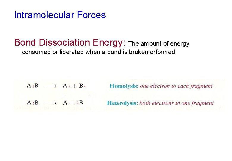 Intramolecular Forces Bond Dissociation Energy: The amount of energy consumed or liberated when a Intramolecular Forces Bond Dissociation Energy: The amount of energy consumed or liberated when a