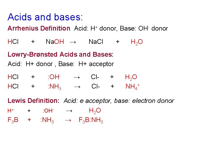 Acids and bases: Arrhenius Definition Acid: H+ donor, Base: OH- donor HCl + Na. Acids and bases: Arrhenius Definition Acid: H+ donor, Base: OH- donor HCl + Na.