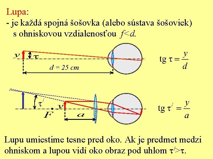 Lupa: - je každá spojná šošovka (alebo sústava šošoviek) s ohniskovou vzdialenosťou f<d. d