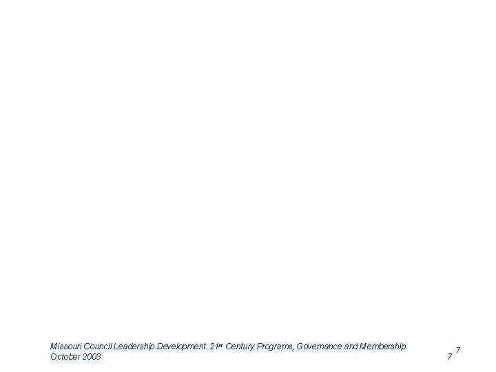 Missouri Council Leadership Development: 21 st Century Programs, Governance and Membership October 2003 7