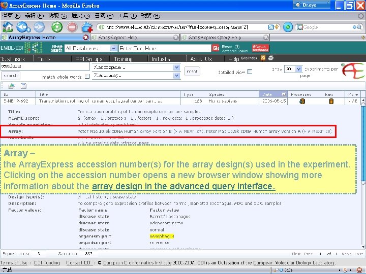 Array – the Array. Express accession number(s) for the array design(s) used in the