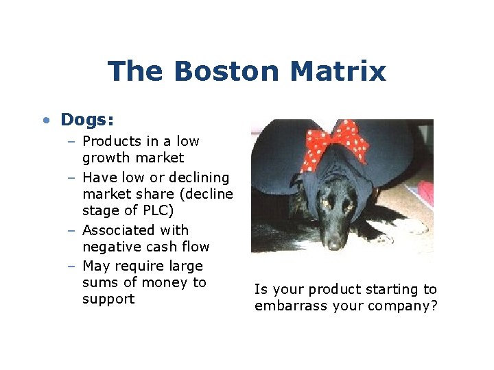 The Boston Matrix • Dogs: – Products in a low growth market – Have