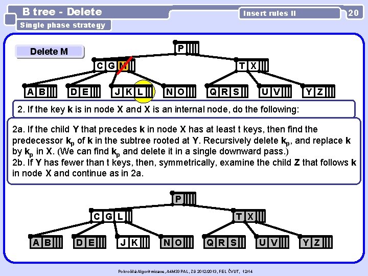 B tree - Delete 20 Insert rules II Single phase strategy P Delete M