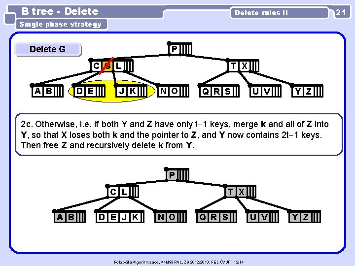 B tree - Delete 21 Delete rules II Single phase strategy Delete G P