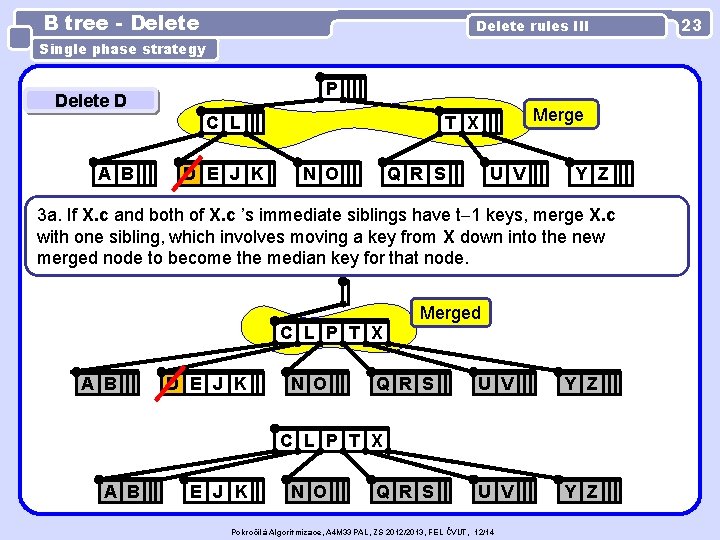 B tree - Delete rules III Single phase strategy P Delete D C L