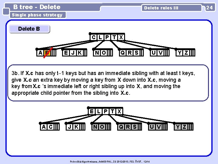 B tree - Delete rules III Single phase strategy Delete B C L P