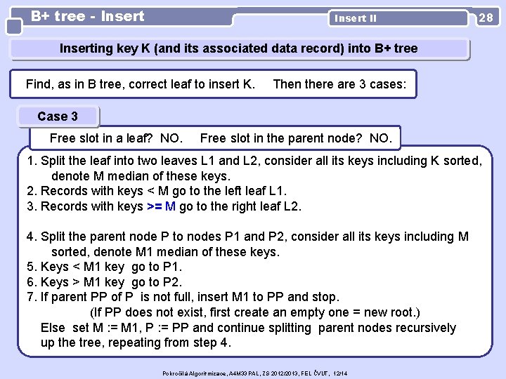 B+ tree - Insert II 28 Inserting key K (and its associated data record)