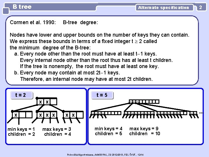 B tree 2 Alternate specification Cormen et al. 1990: B-tree degree: Nodes have lower