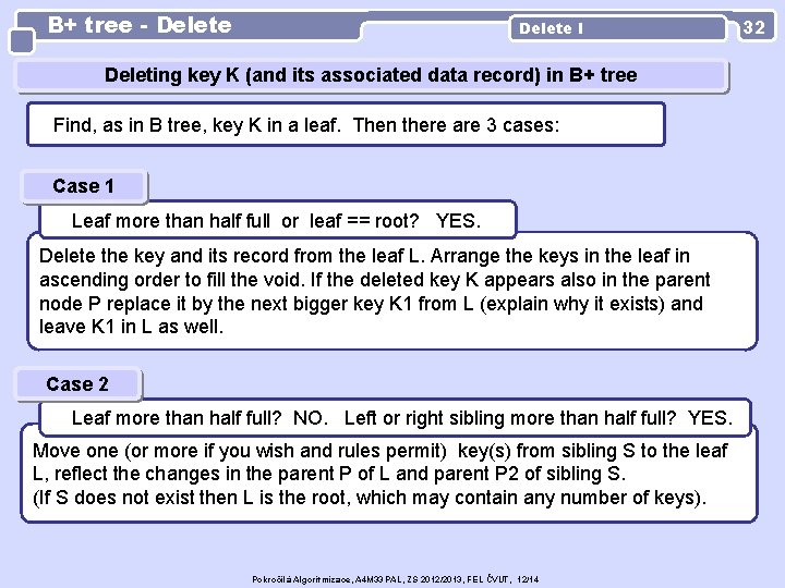 B+ tree - Delete I Deleting key K (and its associated data record) in