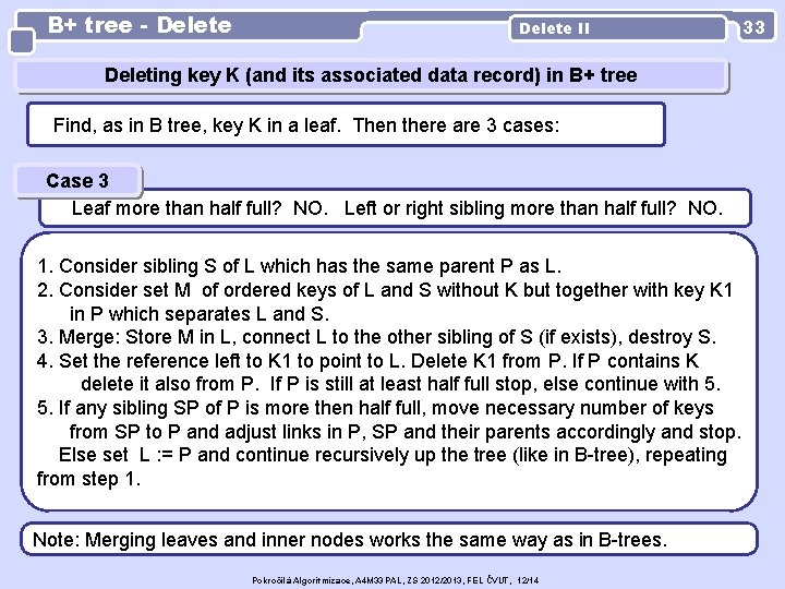 B+ tree - Delete II Deleting key K (and its associated data record) in