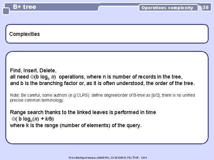 B+ tree Operations complexity Complexities Find, Insert, Delete, all need (b logb n) operations,