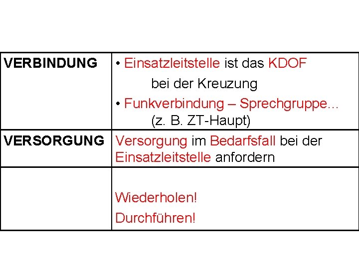  • Einsatzleitstelle ist das KDOF bei der Kreuzung • Funkverbindung – Sprechgruppe… (z.