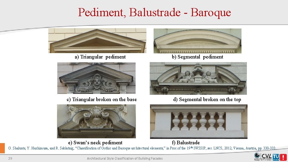 Pediment, Balustrade - Baroque a) Triangular pediment b) Segmental pediment c) Triangular broken on Pediment, Balustrade - Baroque a) Triangular pediment b) Segmental pediment c) Triangular broken on