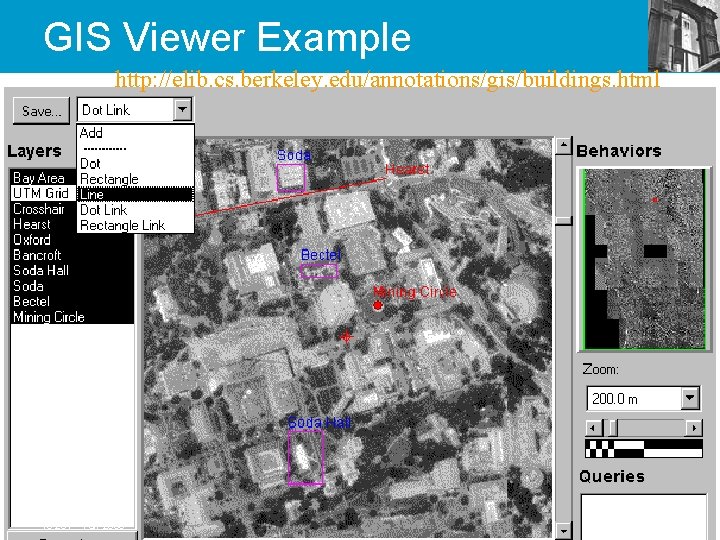 GIS Viewer Example http: //elib. cs. berkeley. edu/annotations/gis/buildings. html IS 257 – Fall 2005.