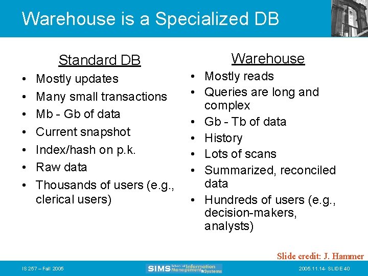 Warehouse is a Specialized DB Standard DB • • Mostly updates Many small transactions