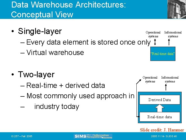 Data Warehouse Architectures: Conceptual View • Single-layer Operational systems Informational systems – Every data