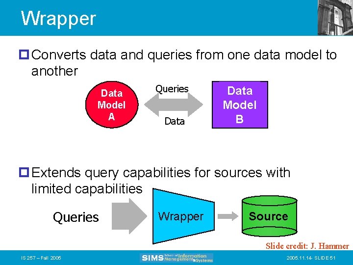 Wrapper p Converts data and queries from one data model to another Data Model