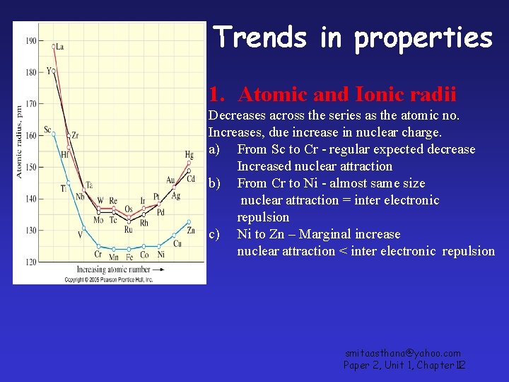 Trends in properties 1. Atomic and Ionic radii Decreases across the series as the