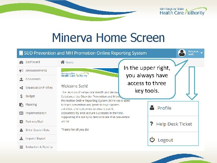 Minerva Home Screen In the upper right, you always have You can return access