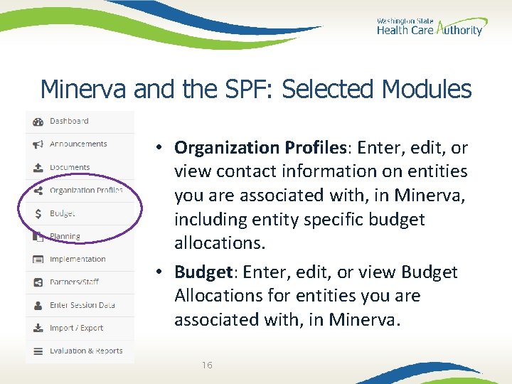 Minerva and the SPF: Selected Modules • Organization Profiles: Enter, edit, or view contact