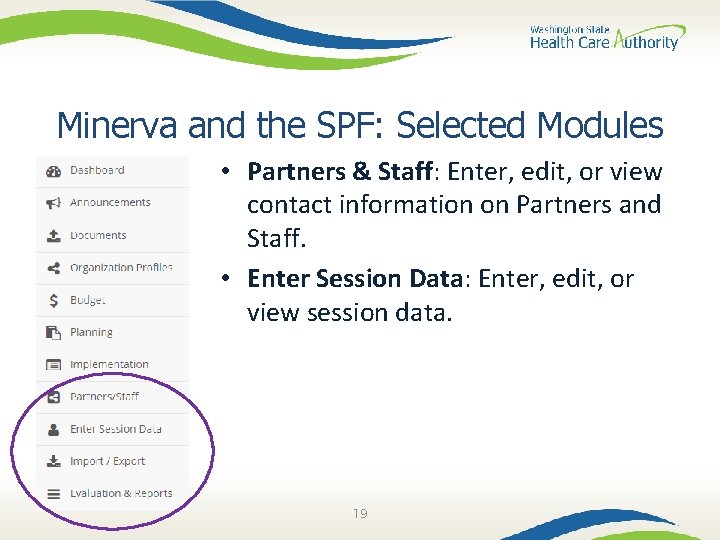 Minerva and the SPF: Selected Modules • Partners & Staff: Enter, edit, or view