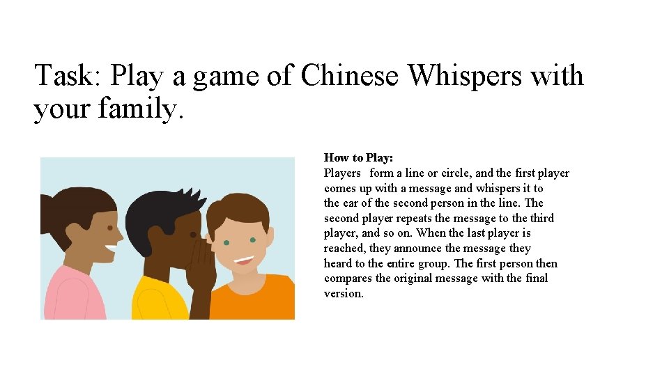 Task: Play a game of Chinese Whispers with your family. How to Play: Players