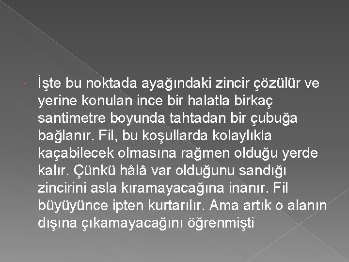  İşte bu noktada ayağındaki zincir çözülür ve yerine konulan ince bir halatla birkaç
