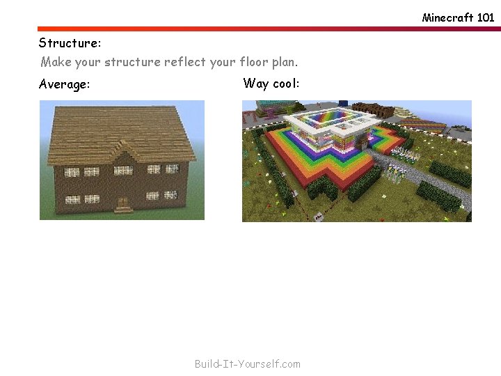 Minecraft 101 Structure: Make your structure reflect your floor plan. Average: Way cool: Build-It-Yourself.