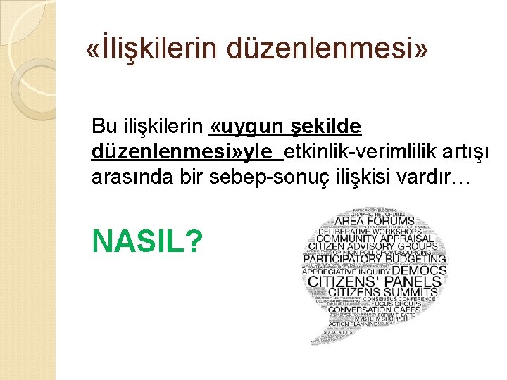  «İlişkilerin düzenlenmesi» Bu ilişkilerin «uygun şekilde düzenlenmesi» yle etkinlik-verimlilik artışı arasında bir sebep-sonuç