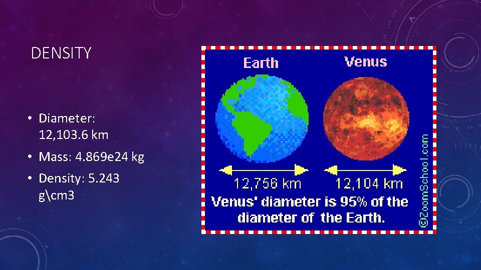 DENSITY • Diameter: 12, 103. 6 km • Mass: 4. 869 e 24 kg