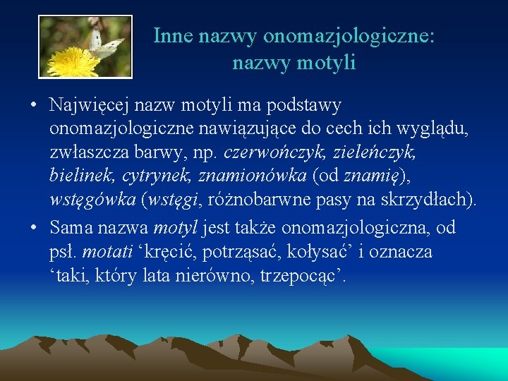 Inne nazwy onomazjologiczne: nazwy motyli • Najwięcej nazw motyli ma podstawy onomazjologiczne nawiązujące do