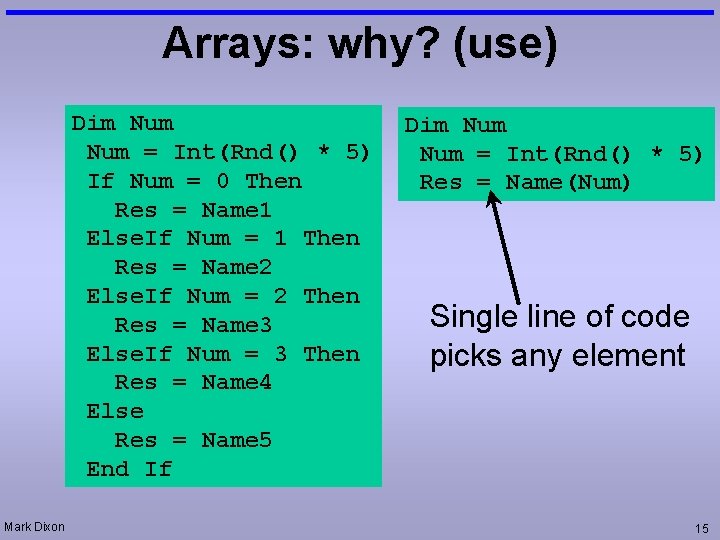 Arrays: why? (use) Dim Num = Int(Rnd() * 5) If Num = 0 Then