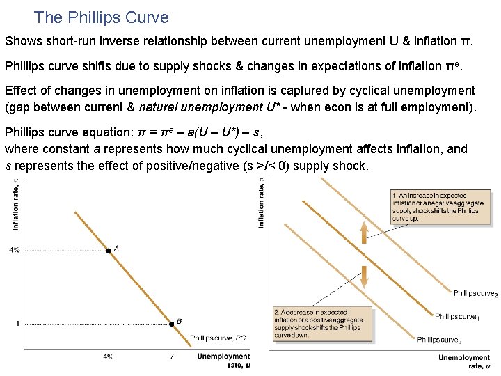 The Phillips Curve Shows short-run inverse relationship between current unemployment U & inflation π.