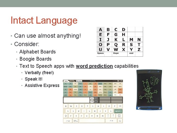 Intact Language • Can use almost anything! • Consider: • Alphabet Boards • Boogie