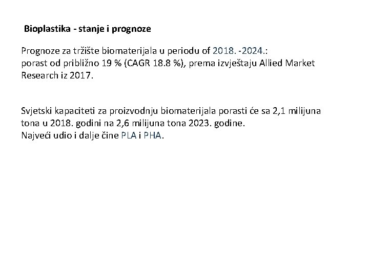 Bioplastika - stanje i prognoze Prognoze za tržište biomaterijala u periodu of 2018. -2024.